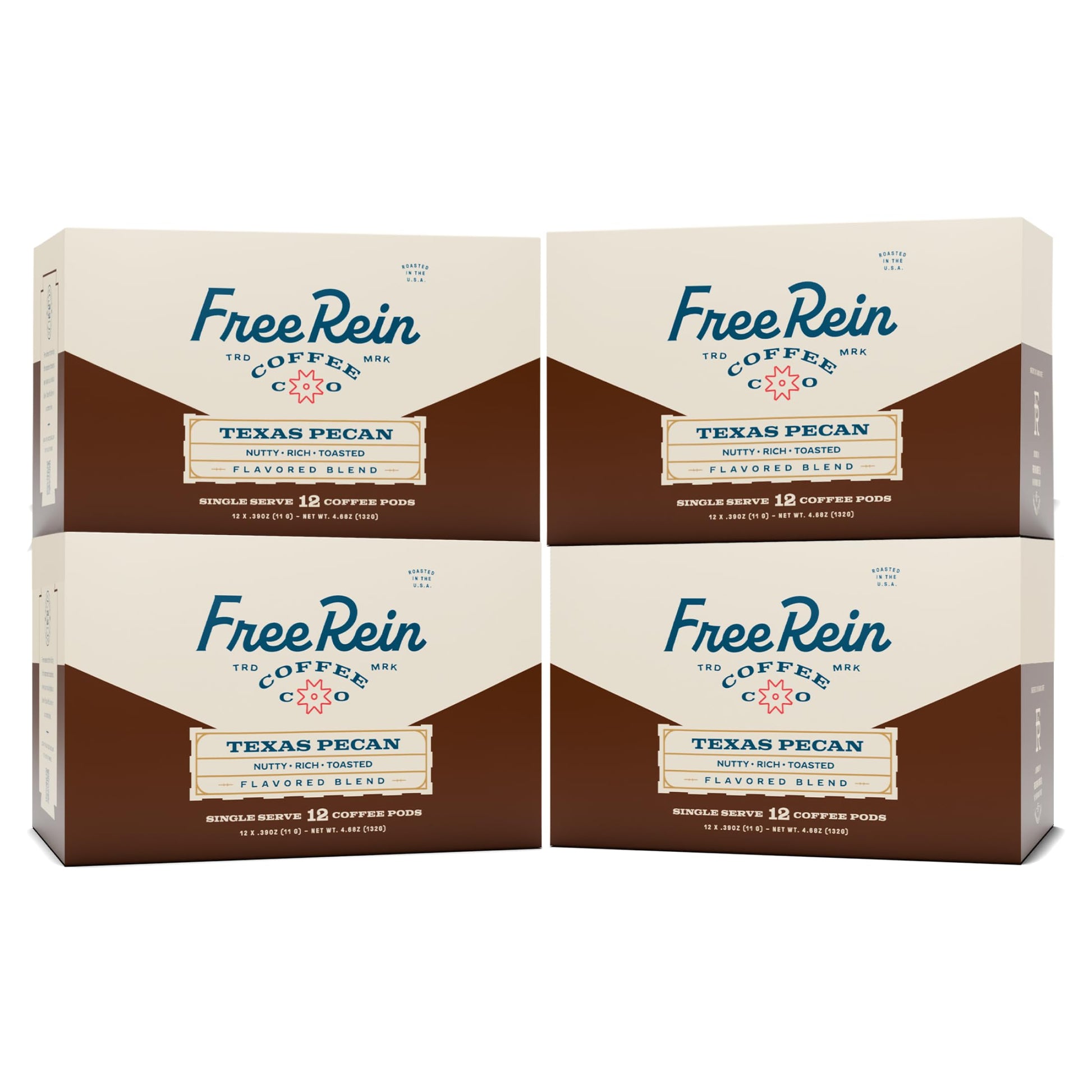 Free Rein Coffee Company, Texas Pecan Medium Roast Coffee Pods - Rich & Balanced Coffee Flavor, Roasted in America - 48ct (4 Pac