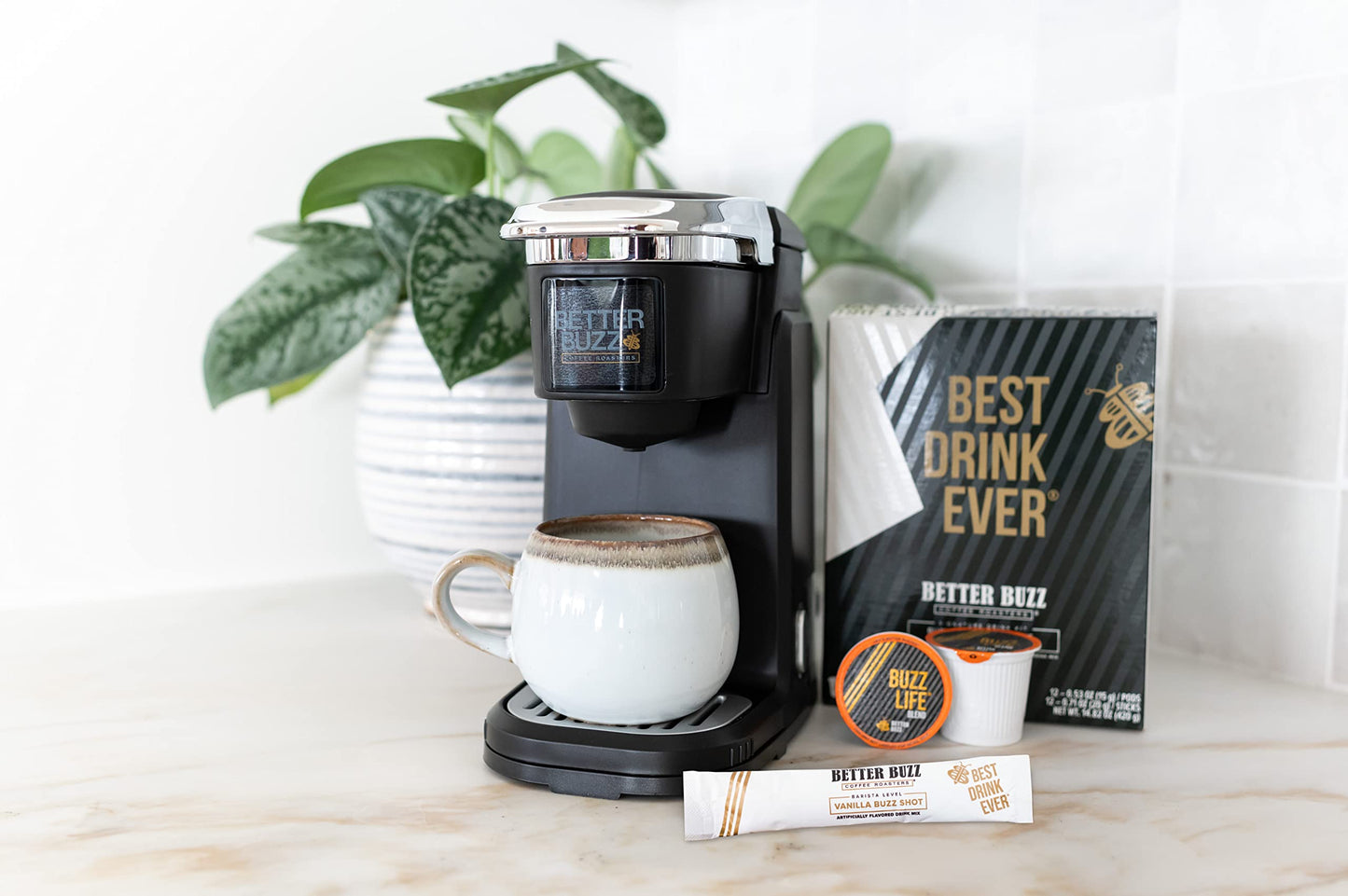 Better Buzz Best Drink Ever Vanilla Latte Single Serve Coffee Maker Kit 24Ct.,12 Medium Roast Coffee Pods (Buzz Life) & 12 Vanil