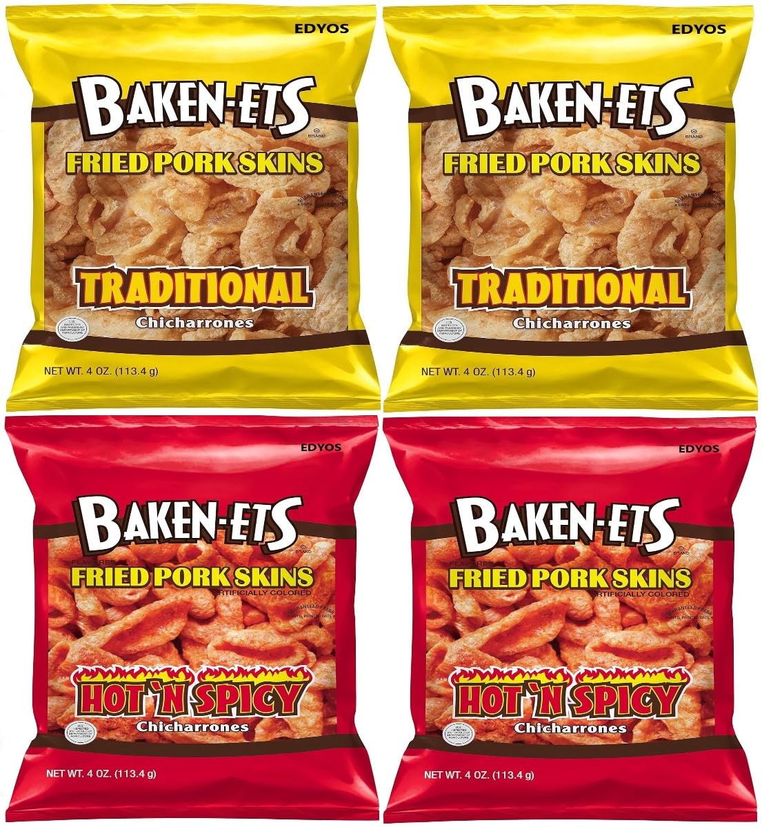 Baken-Ets Fried Pork Skins Variety 4 - Pack (2) Traditional 4 oz and (2) Hot & Spicy 4 oz.