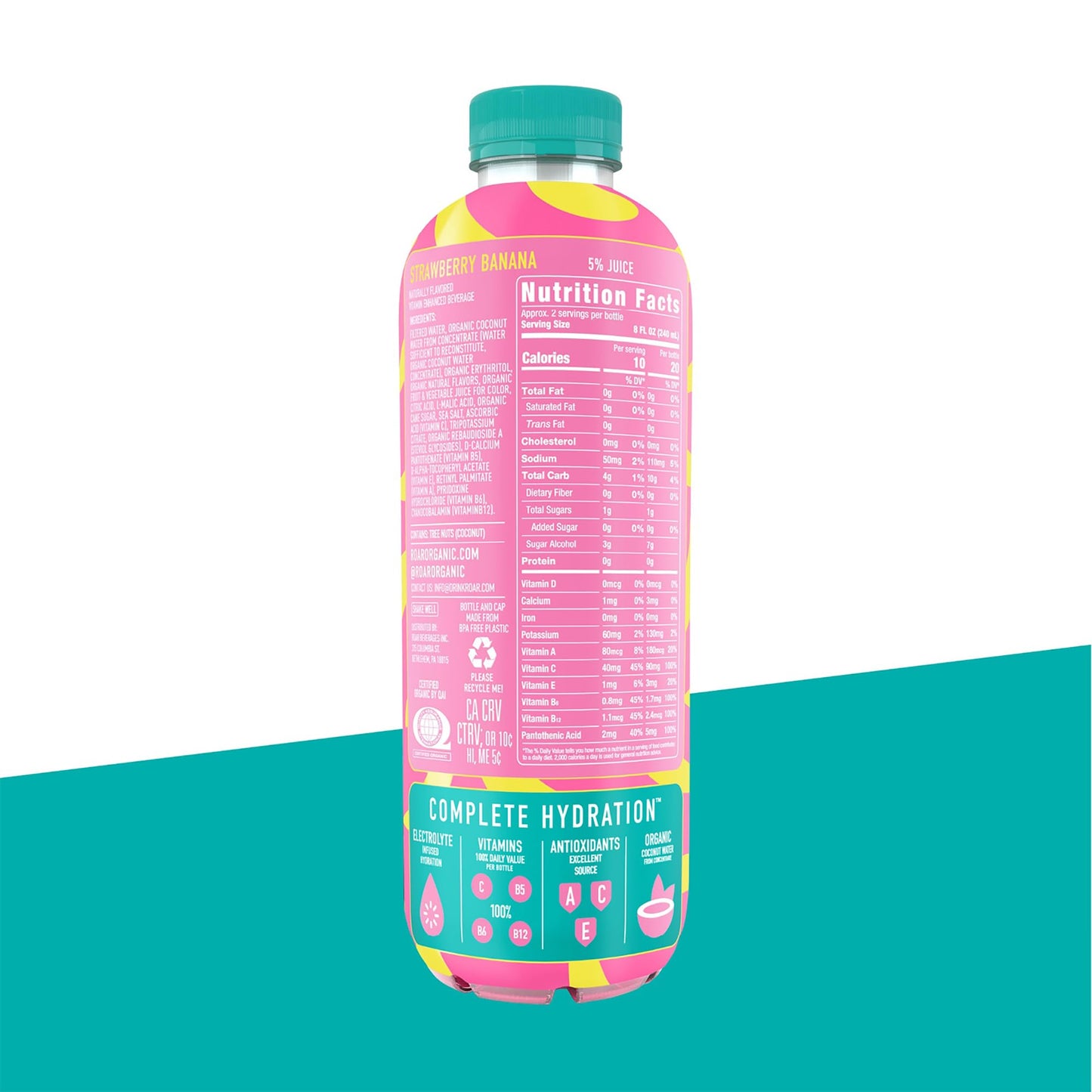 Roar Complete Hydration Organic - Electrolyte Drinks Loaded with Vitamins C, B5, B12 - Non-GMO, Gluten-Free - Strawberry Banana