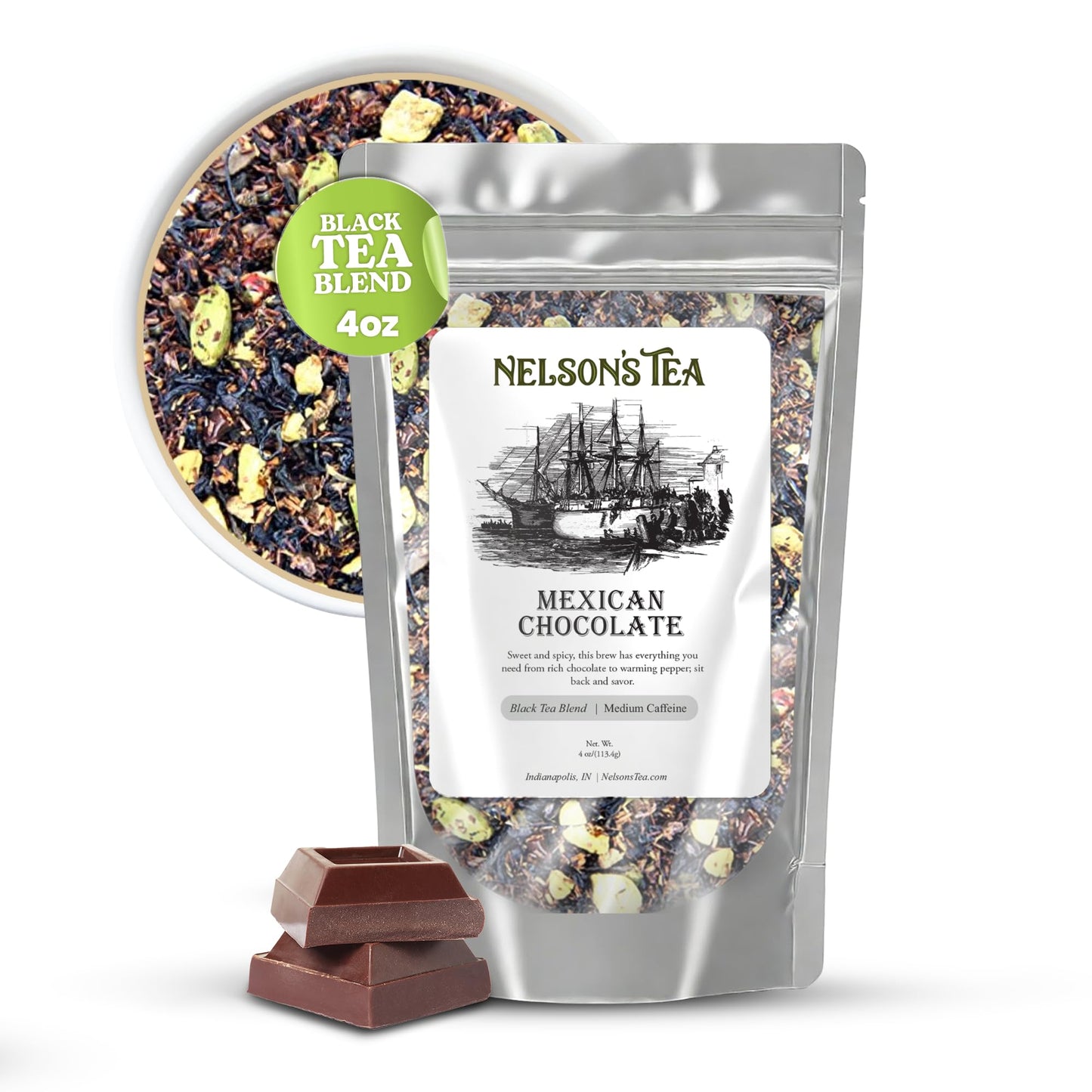 Nelsons Tea - Mexican Chocolate - Black Loose Leaf Tea - Red rooibos, black tea, carob beans, ginger, chocolate chips, pepper, 