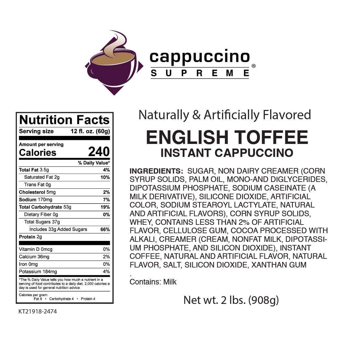 Cappuccino Supreme English Toffee Instant Cappuccino Mix 6 X 2 Lbs