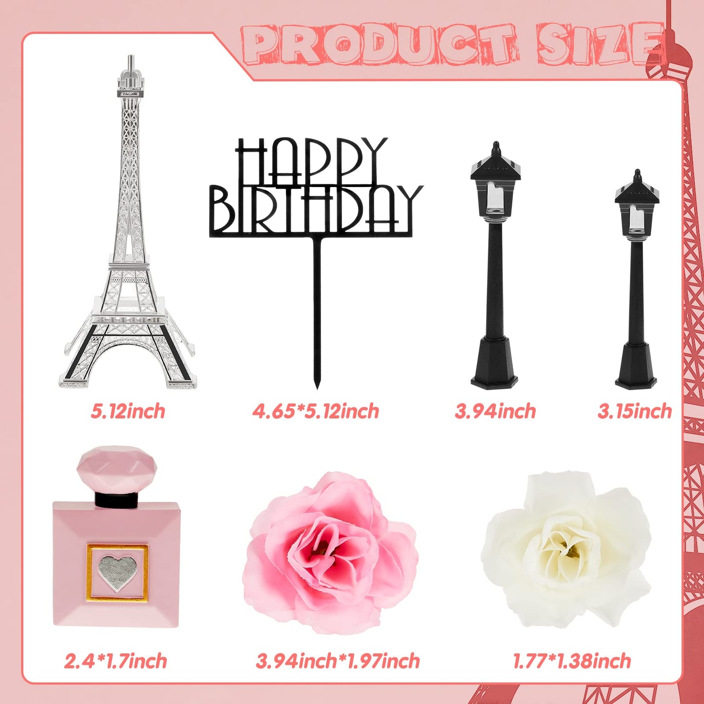 8 Pcs Paris Cake Topper Eiffel Tower Cake Topper With Happy Birthday Cake Topper Street Lamp Rose 7 Inch Eiffel Tower Party Deco