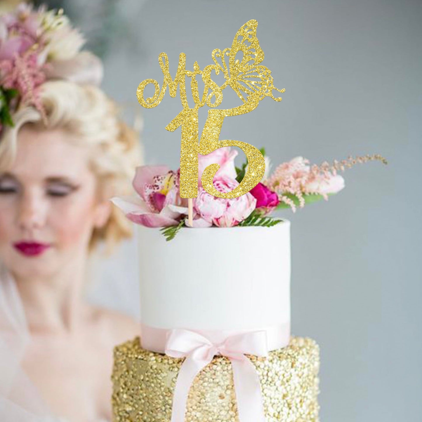 Rssta i Cake Topper - Happy 15th Birthday Decoration, Gold Glitter, Cardstock, Design 2