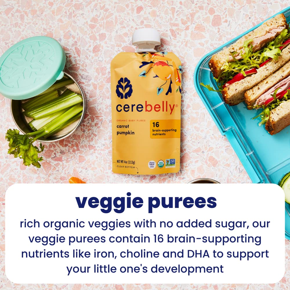 Cerebelly Organic Baby Food Pouches, Carrot Pumpkin Purees, 16 Nutrients, No Added Sugar, Fiber & Non-Gmo, 4Oz, 12 Pack