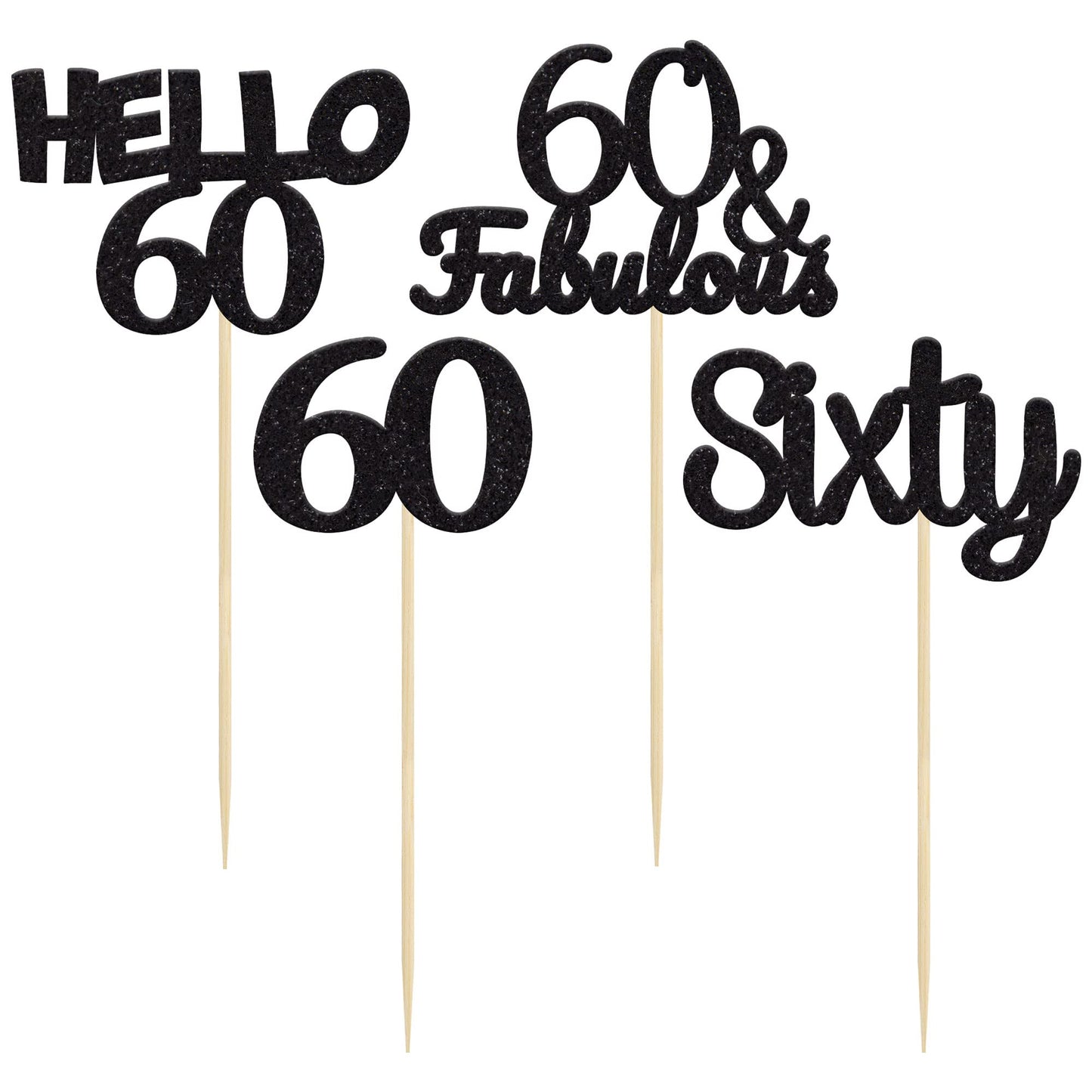 Gyufise 24Pcs Black Glitter 60th Birthday Cupcake Toppers Hello 60 Sixty Cake Toppers 60 & fabulous Cupcake Picks 60th Birthday