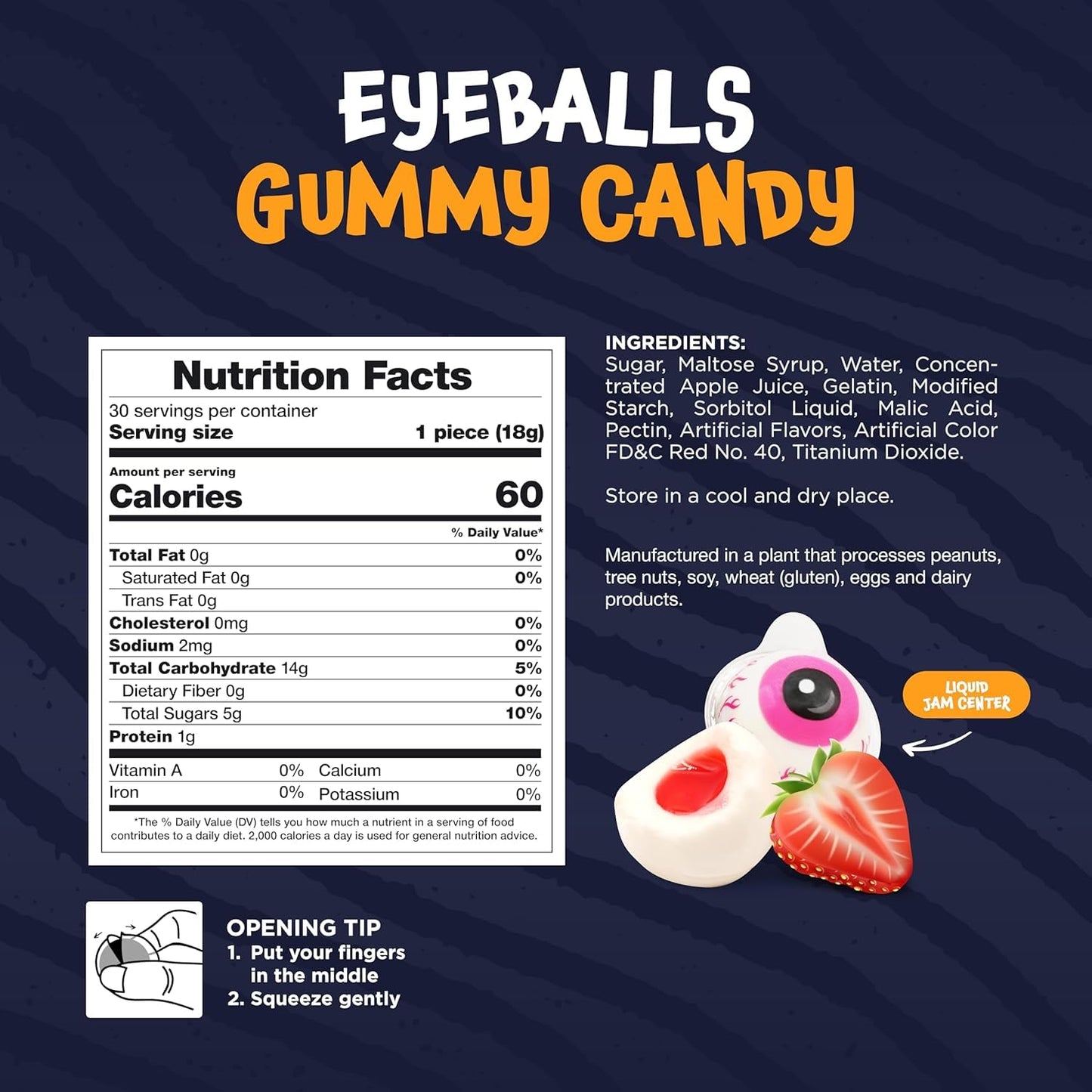 FUNTASTY Eyeballs Gummy Candy - Strawberry Jelly Filled Gummies - 19 Oz Jar - Individually Wrapped Halloween Candy