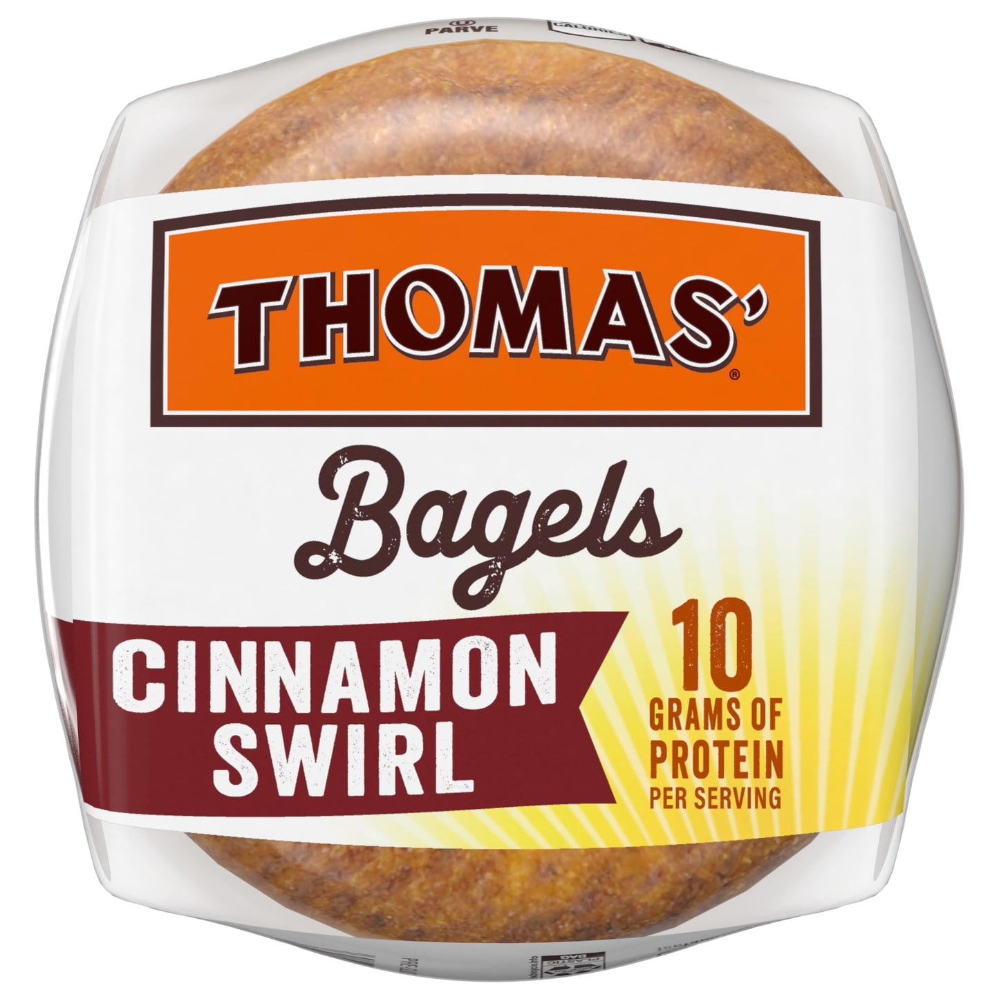 Thomas Cinnamon Swirl Bagels  6 count  (3.33 oz each)  10g Protein  Kosher Cinnamon Bagels  20 oz Bag