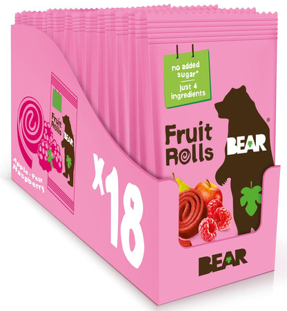 BEAR Real Fruit Snack Rolls - Gluten Free, Vegan, and Non-GMO - Raspberry - 36 Rolls, Healthy School And Lunch Snacks For Kids A