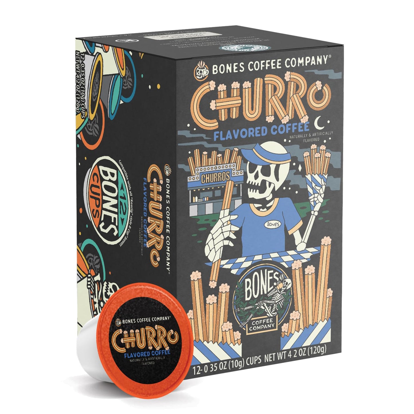 Bones Coffee Company Churro Flavored Coffee Pods  Low Acid Medium Roast Single-Serve Bones Cups  Compatible With 1.0 & 2.0 K-Cups Beverage Makers Coffee Maker  12 Count