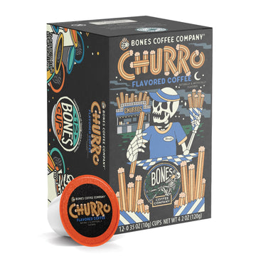 Bones Coffee Company Churro Flavored Coffee Pods  Low Acid Medium Roast Single-Serve Bones Cups  Compatible With 1.0 & 2.0 K-Cups Beverage Makers Coffee Maker  12 Count