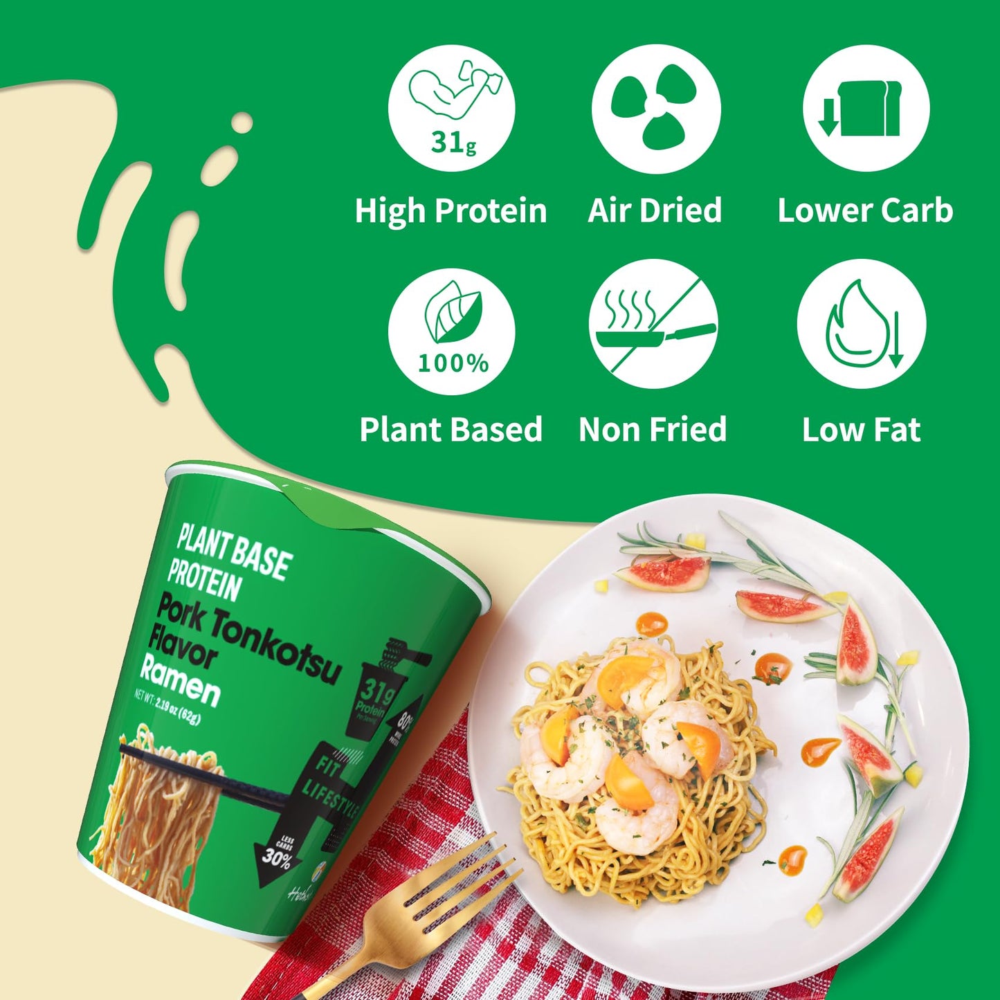 Hethstia Protein Ramen, Plant-Based Protein(31G), 6 Packs Quick Meal Pork Tonkotsu Broth, Vegan, Air-Dried, Non-Fried, Low Fat A