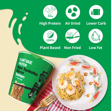 Hethstia Protein Ramen, Plant-Based Protein(31G), 6 Packs Quick Meal Pork Tonkotsu Broth, Vegan, Air-Dried, Non-Fried, Low Fat A