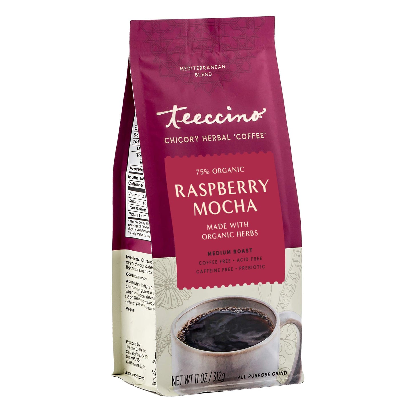 Teeccino Raspberry Mocha Chicory Coffee Alternative - Ground Herbal Coffee, Dark Roast, Caffeine Free, 11 Ounce (Pack of 3)