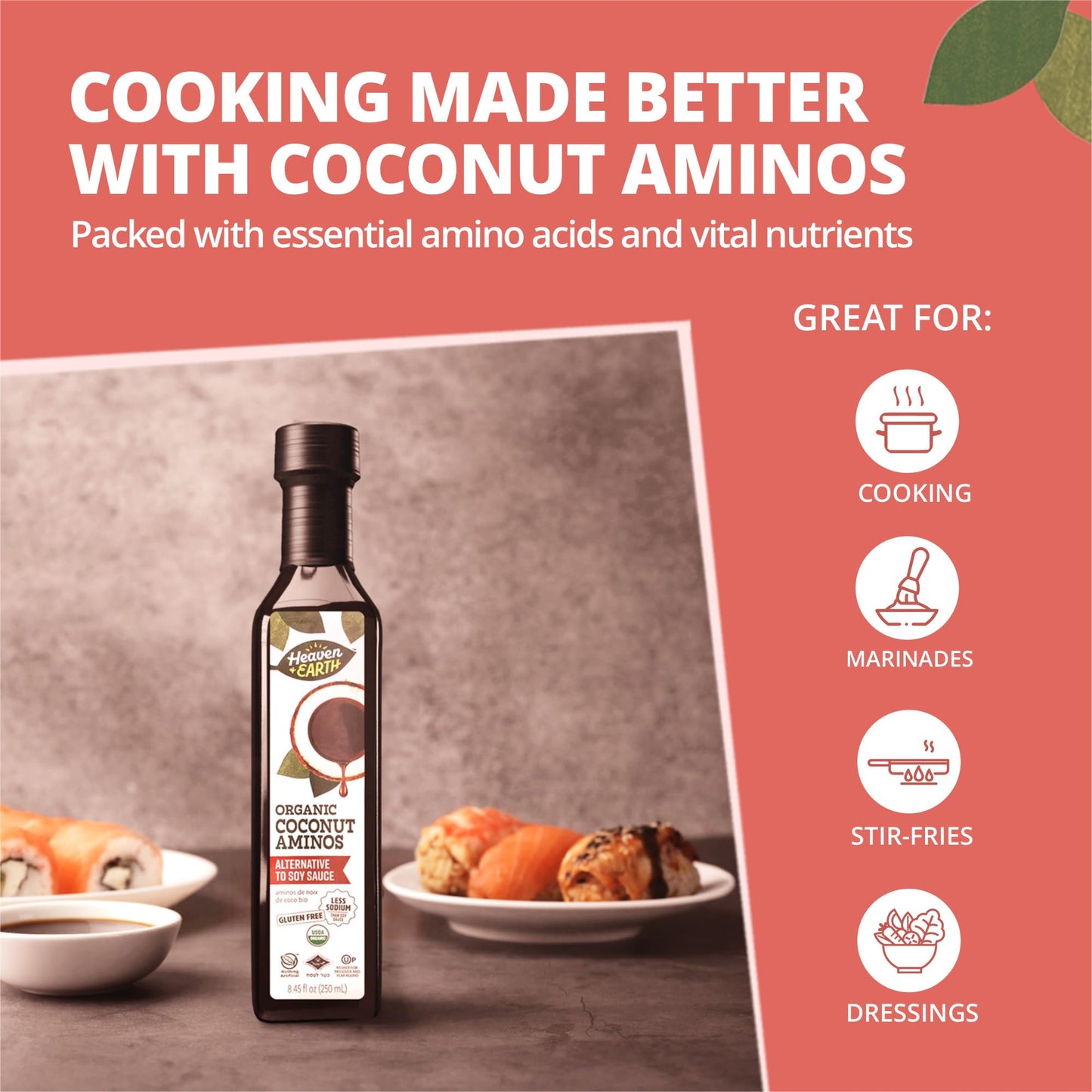 Heaven & Earth Organic Coconut Aminos, 8.4 Oz | Soy Free | Paleo Friendly | Low Sodium | Soy Sauce Replacement | Kosher (Includi