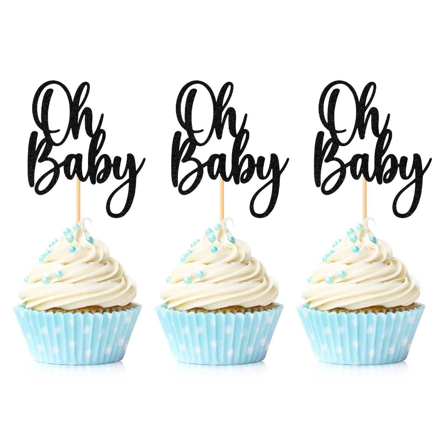 24 Pieces Oh Baby Cupcake Topper Black Glitter Baby Shower Cake Decorations Boys Girls Birthday Party Supplies