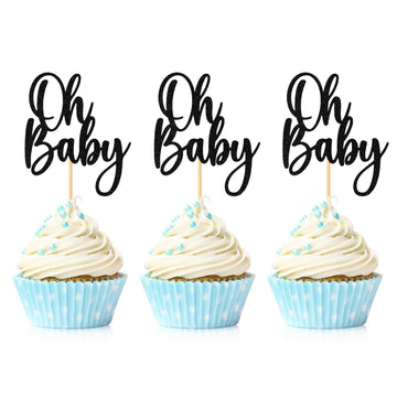 24 Pieces Oh Baby Cupcake Topper Black Glitter Baby Shower Cake Decorations Boys Girls Birthday Party Supplies