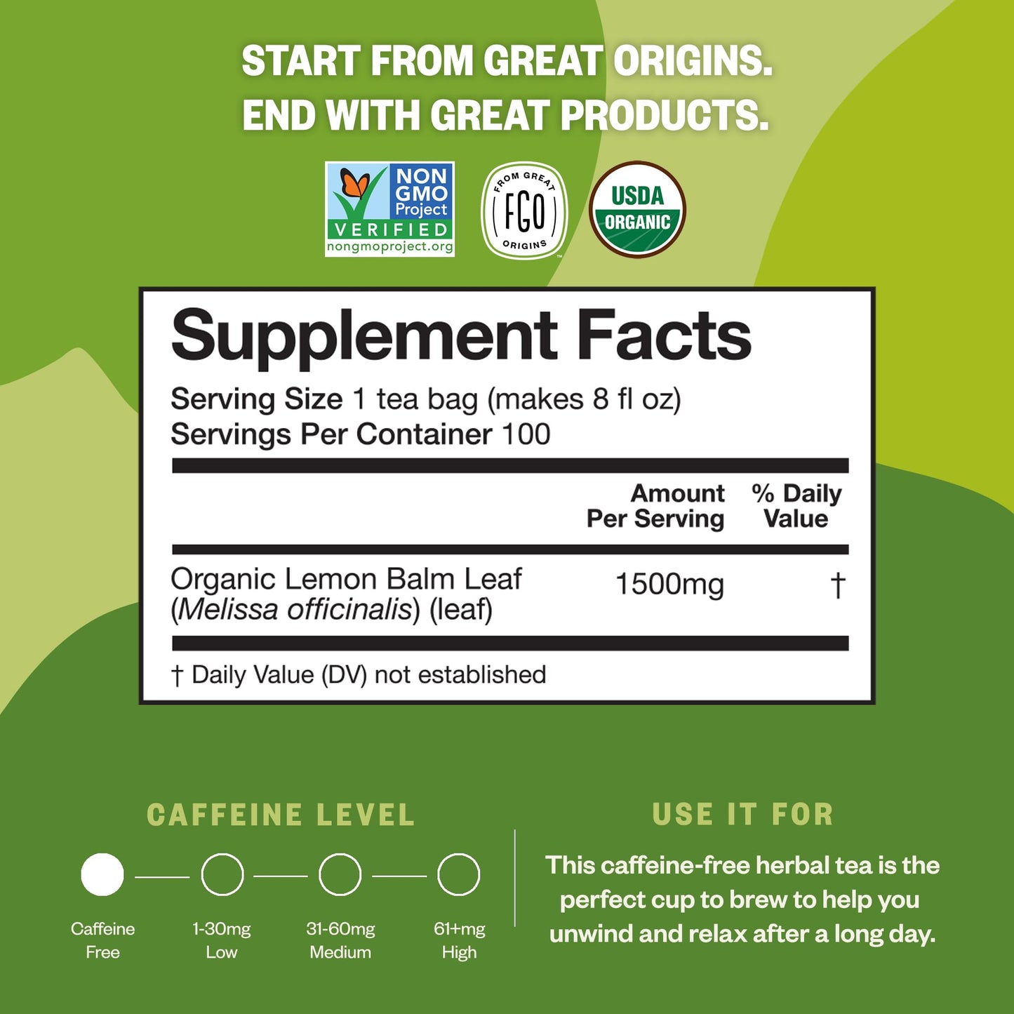FGO Organic Lemon Balm Tea - Caffeine Free Herbal Tea Bags, 100 Count, Eco-Conscious Resealable Bag