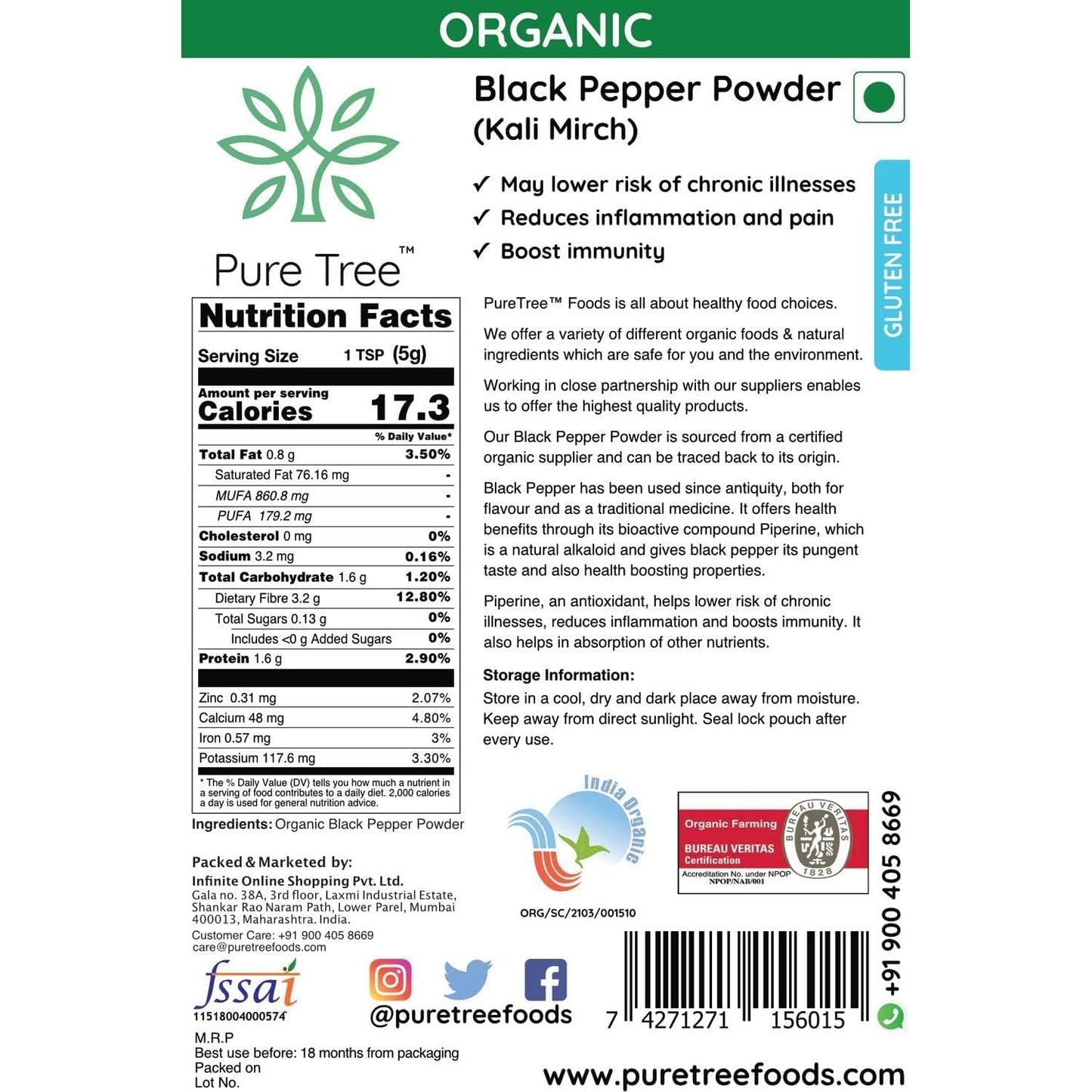 Pure Tree Certified Organic Black Pepper Powder | 250 G | Kali Mirch Powder | Black Peppercorn Kaali Mirch | Aromatic Black Pepp