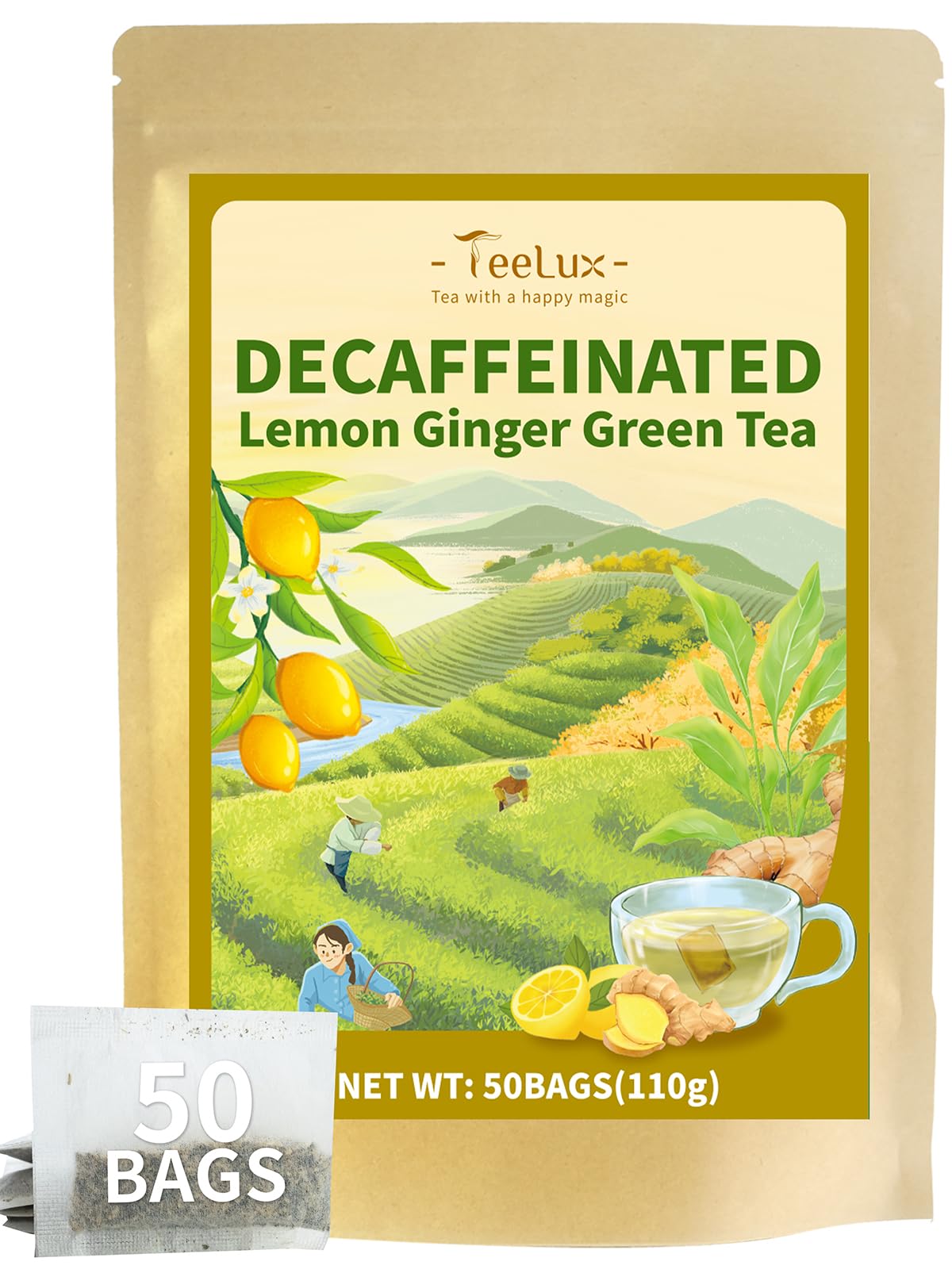 TeeLux Decaf Green Tea with Lemon & Ginger, 50 Count Pack