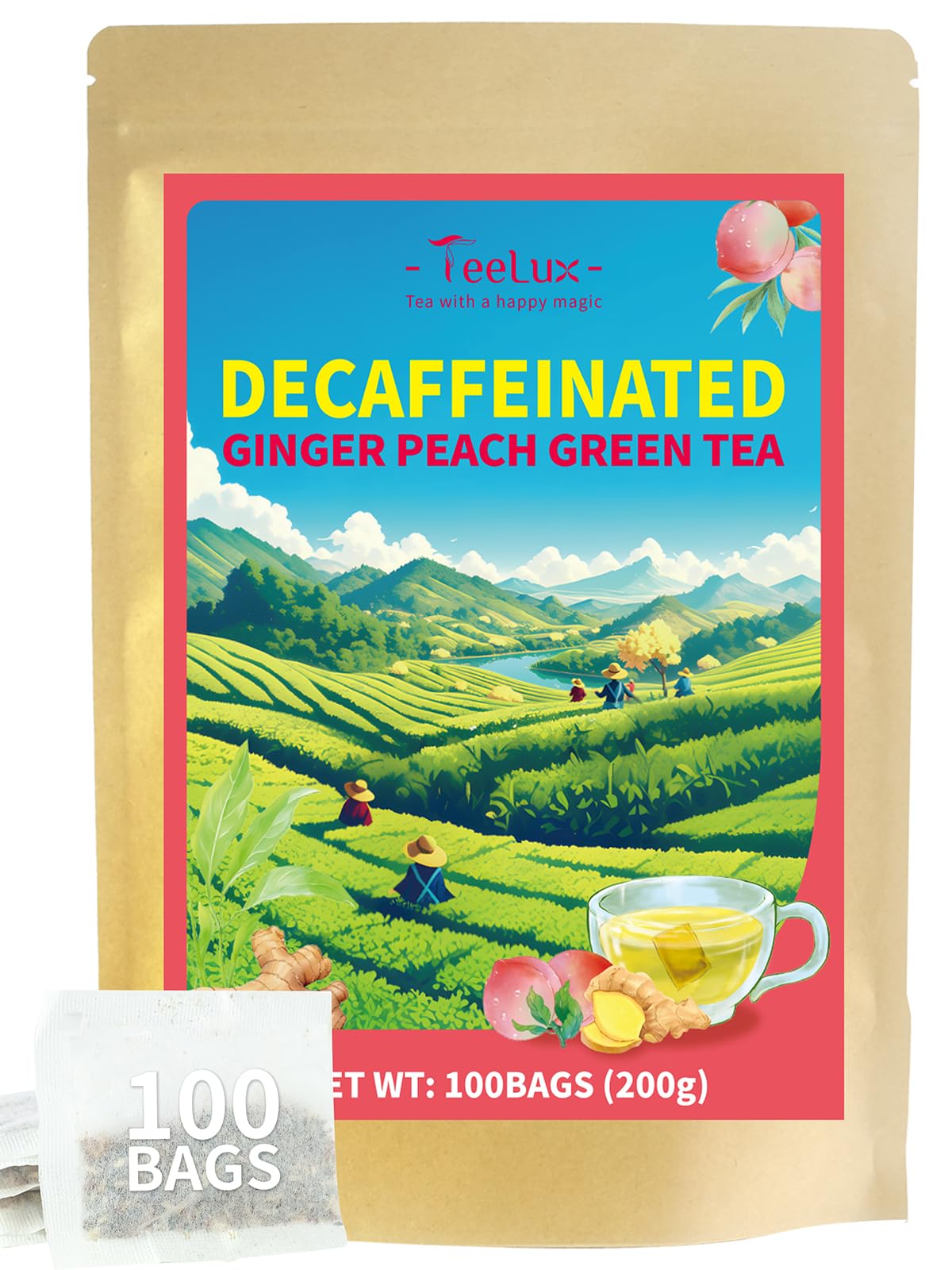 TeeLux Decaf Peach Ginger Green Tea, Mild Decaffeinated, 100 Count Pack