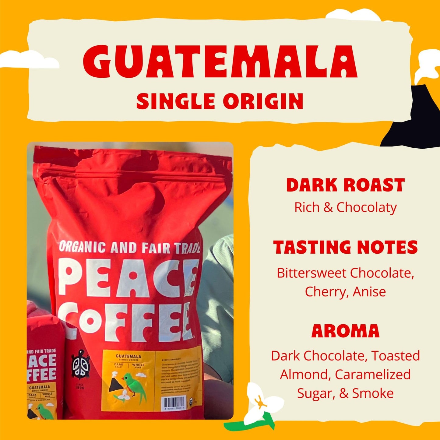 Peace Coffee Guatemala Single Origin Coffee | 5 Lb Ground Dark Roast | Organic Fair Trade | Rich, Chocolatey Flavor | Shade Grow