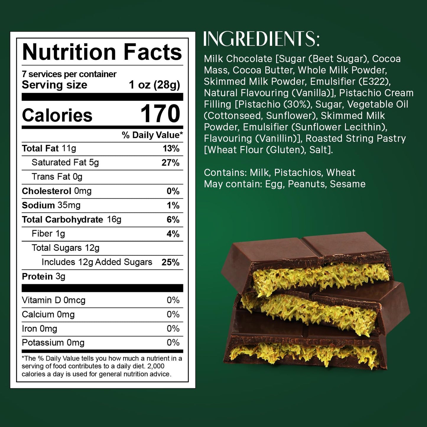Dubai Chocolate Bar, 7Oz Pack Of Kunafa Pistachio Chocolate Bar, Perfect Chocolate Gift For Birthdays Or Corporate Gifting, Enhanced Flavor Crafted For Chocolate Lovers
