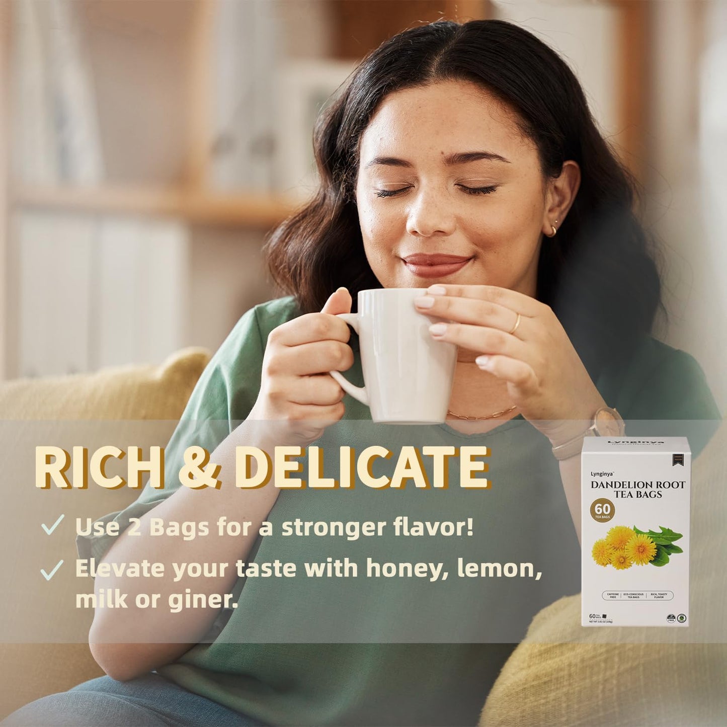 Lynginya Dandelion Root Tea - Premium Roasted Herbal Tea, 60 Tea Bags, Caffeine-Free, No Sugar
