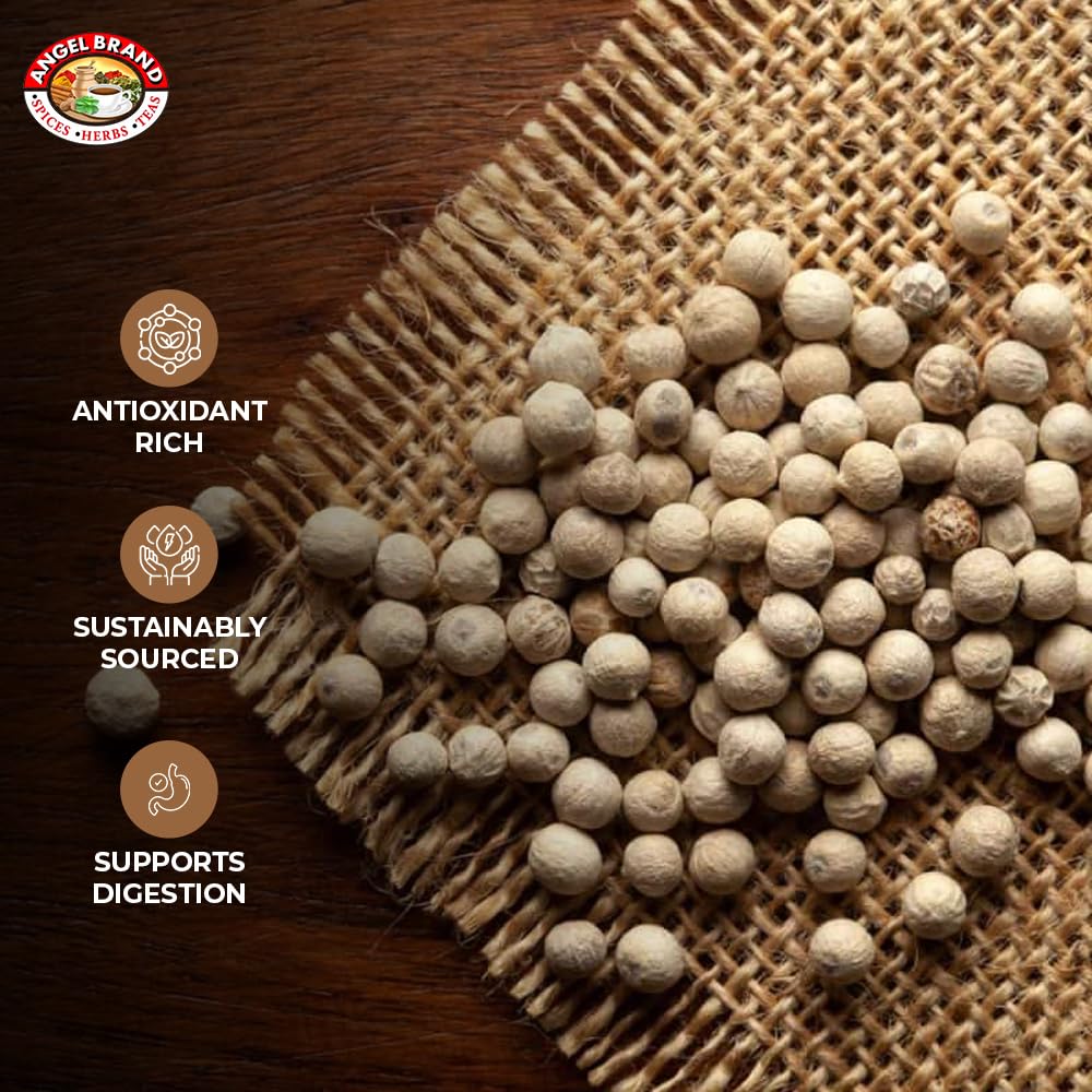 Angel Brand White Peppercorns Whole - 22 Oz Bottle - Premium Pepper Corn For Grinder Refill, Perfect For Cooking And Seasoning.