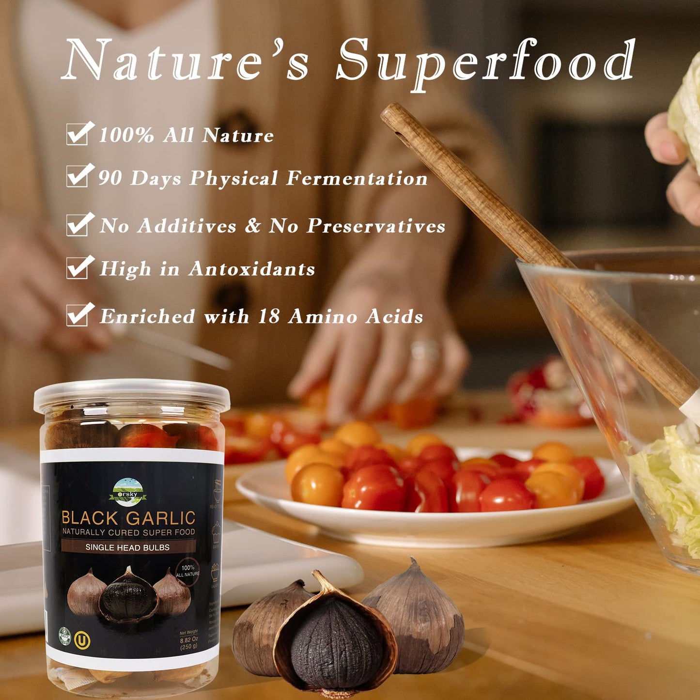 Orsky Whole Black Garlic, Fermented for 90 Days, 8.82 Oz (250g), Non-Additives, High in Antioxidants, Ready to Eat Snack