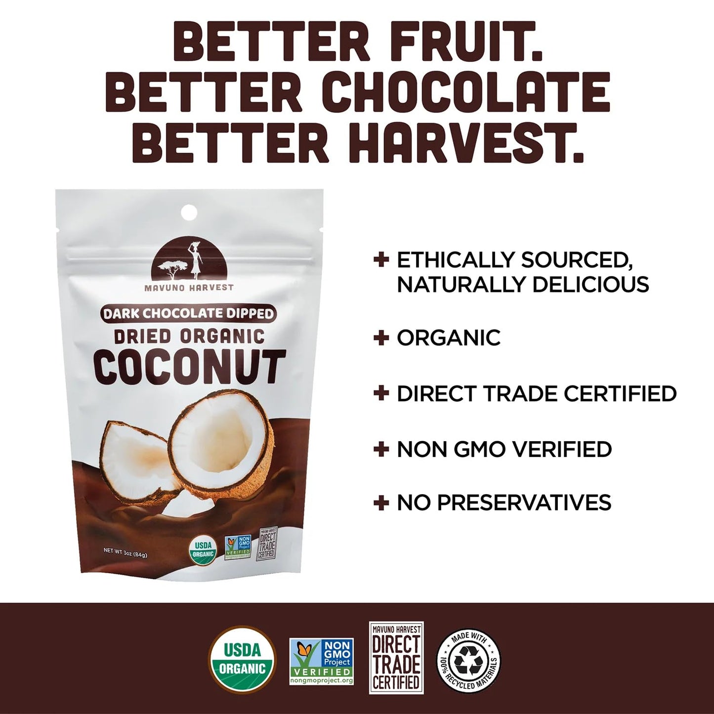 Mavuno Harvest Organic Chocolate Covered Coconut - Organic Dried Coconut Dipped in Dark Chocolate - Non GMO, Preservative Free,