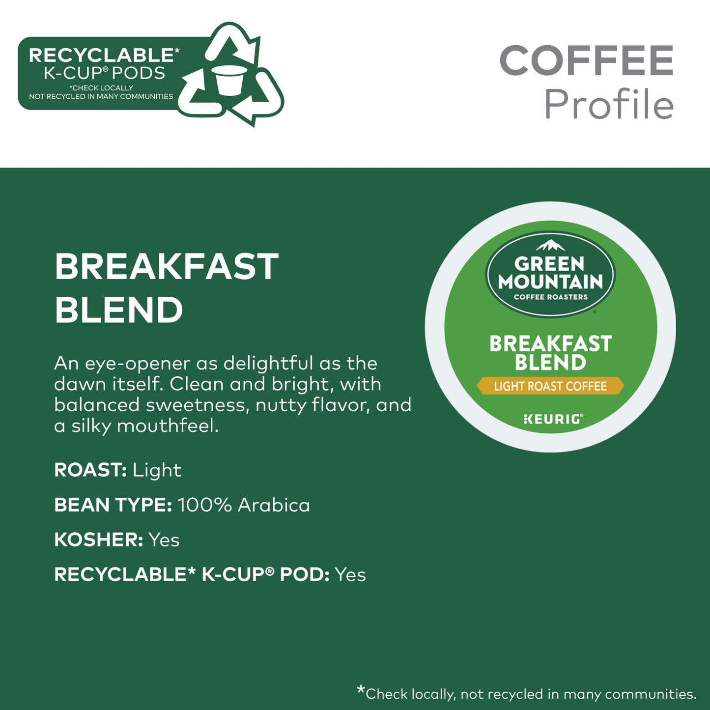 Green Mountain Coffee Roasters Breakfast Blend, Keurig Single Serve K-Cup Pods, Light Roast Coffee, 60 Count, (6 Packs Of 10)