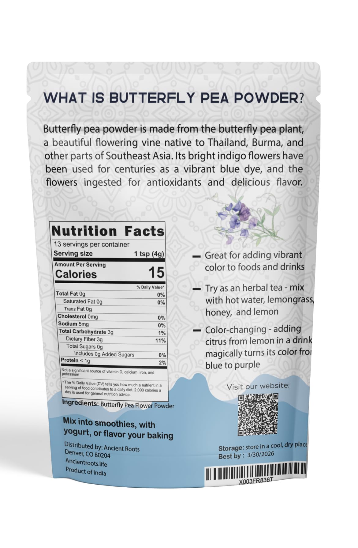 Ancient Roots Blue Butterfly Pea Powder - All-Natural Food Coloring, Filled With Antioxidants, 25 Servings (3.5 Ounces)