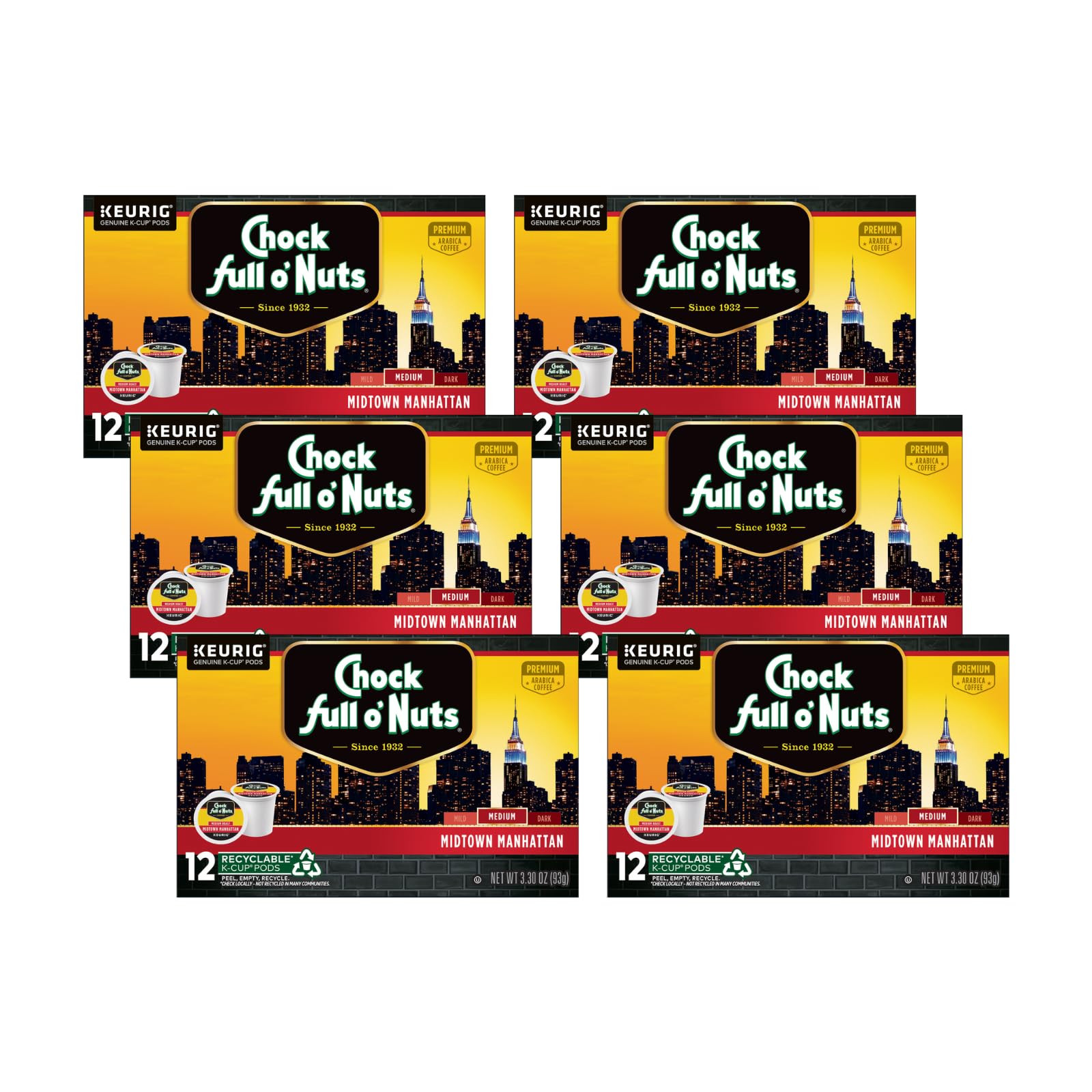 Chock Full o  Nuts Midtown Manhattan Keurig K-Cup Pods for Keurig malt-inspired - enhanced Arabica  Medium Roast - Single Serve - 6 Packs of 12 K-Cup Pods