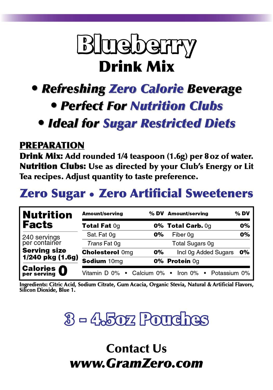 Gramzero Blueberry Zero Calorie Sugar Free Drink Mix, Great For Nutrition Club Loaded Teas, Stevia Sweetened