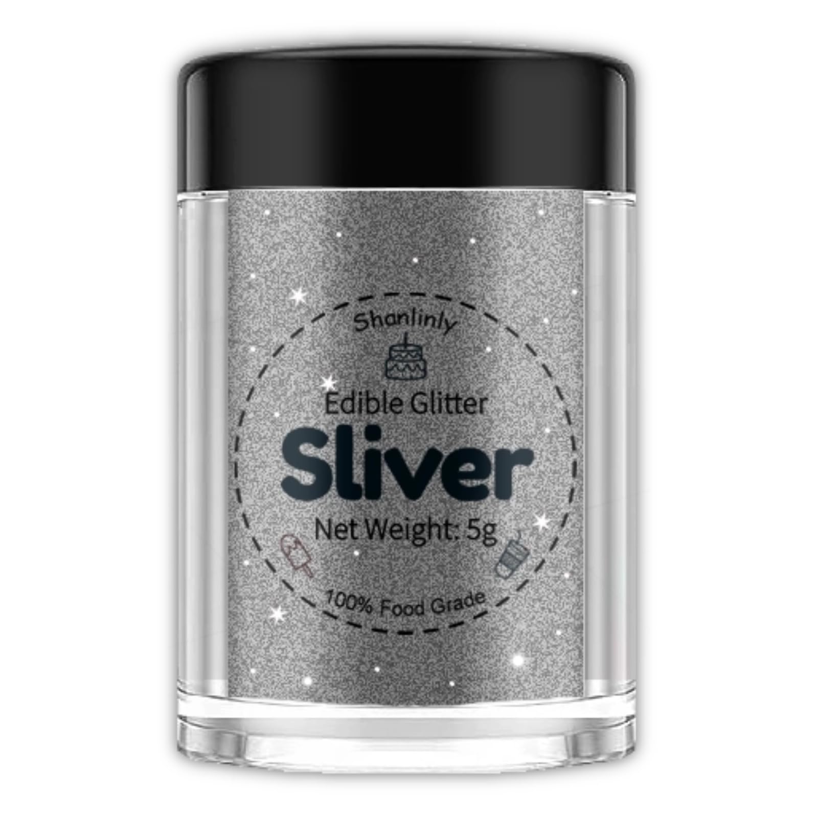 Shanlinly Silver Edible Glitter - Food Grade Shimmer Dust for Cakes, Cookies, Cocktails - 5g