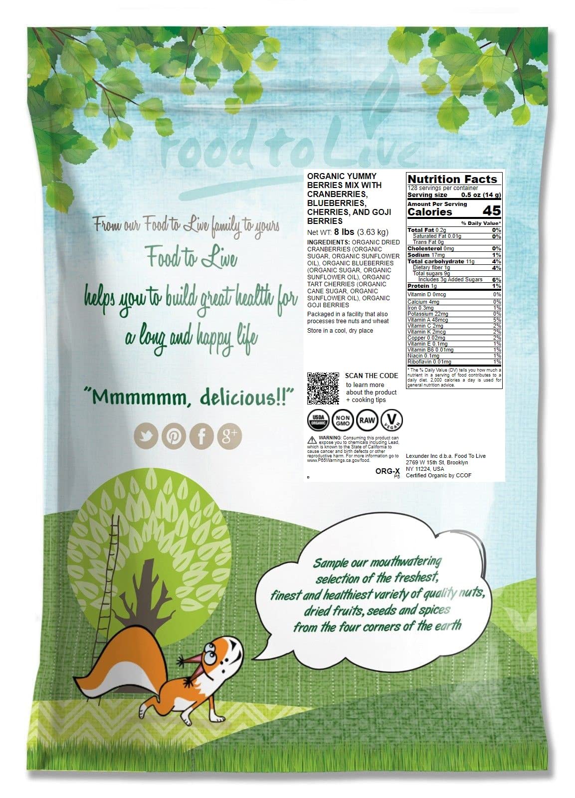 Food To Live - Organic Yummy Berries Mix, 8 Pounds - A Blend Of Non-Gmo Dried Cranberries, Blueberries, Cherries, Goji Berries,