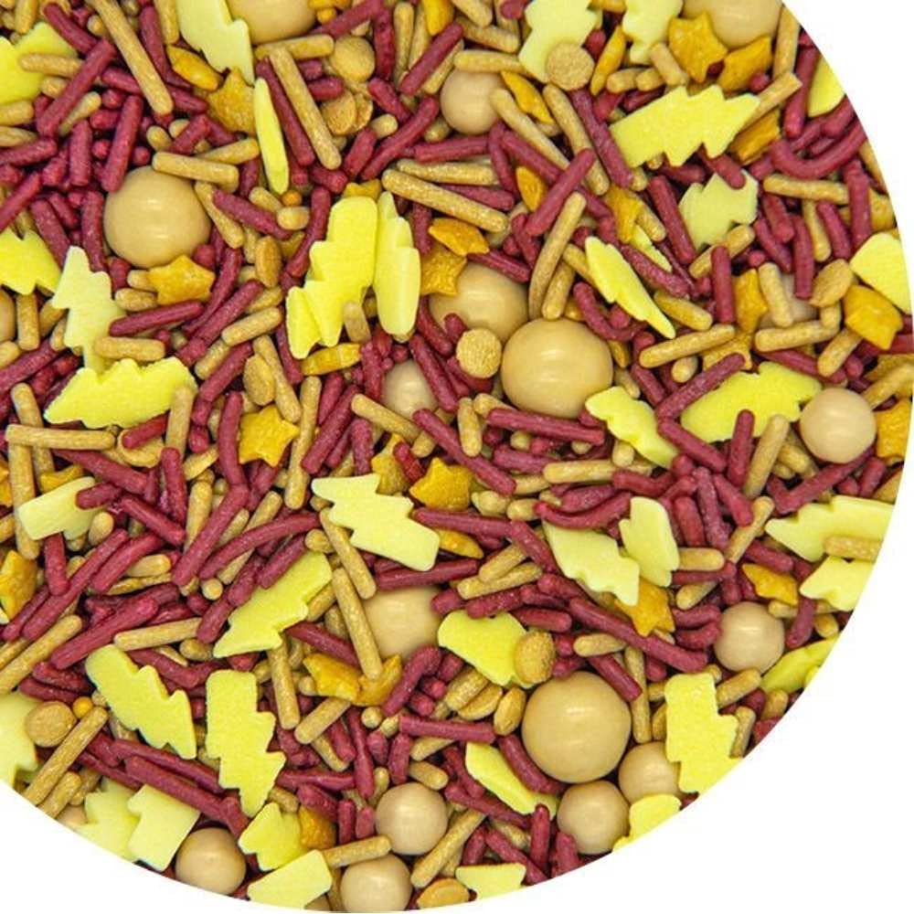 Harry Potter Cake Decorations With Wizard Lightning Sprinkles, Maroon And Gold Jimmies, Nonpareils, Sugar Pearls, Lightning Bolt
