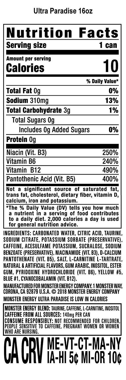 Monster Energy Ultra Zero Sugar Energy Drinks, 16 Fl Oz, Pack of 6, Ultra Paradise Flavor
