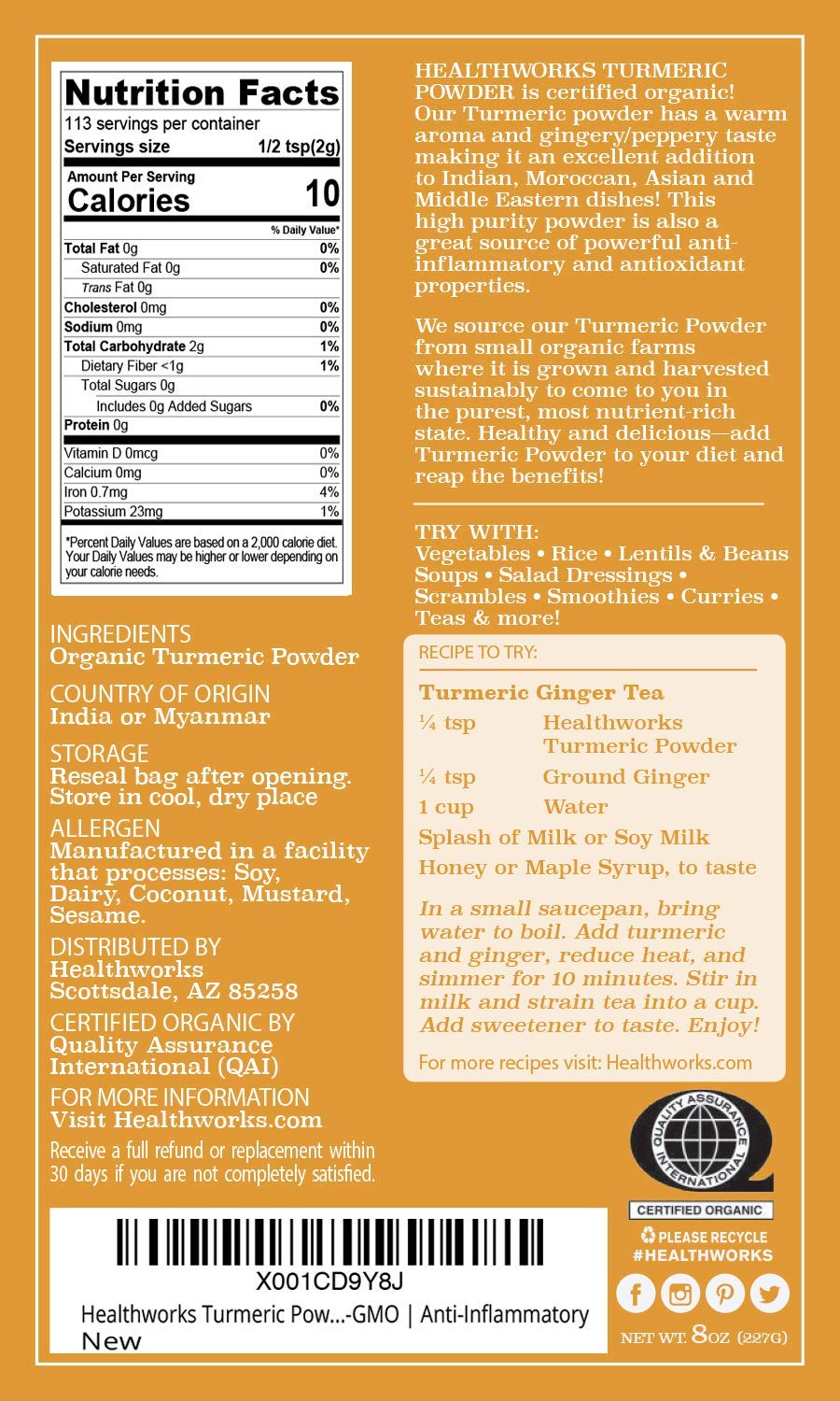 Healthworks Turmeric Powder (8 Ounces ) | Ground Raw Organic | Curcumin & Antioxidants | Keto, Paleo, Vegan, Non-GMO