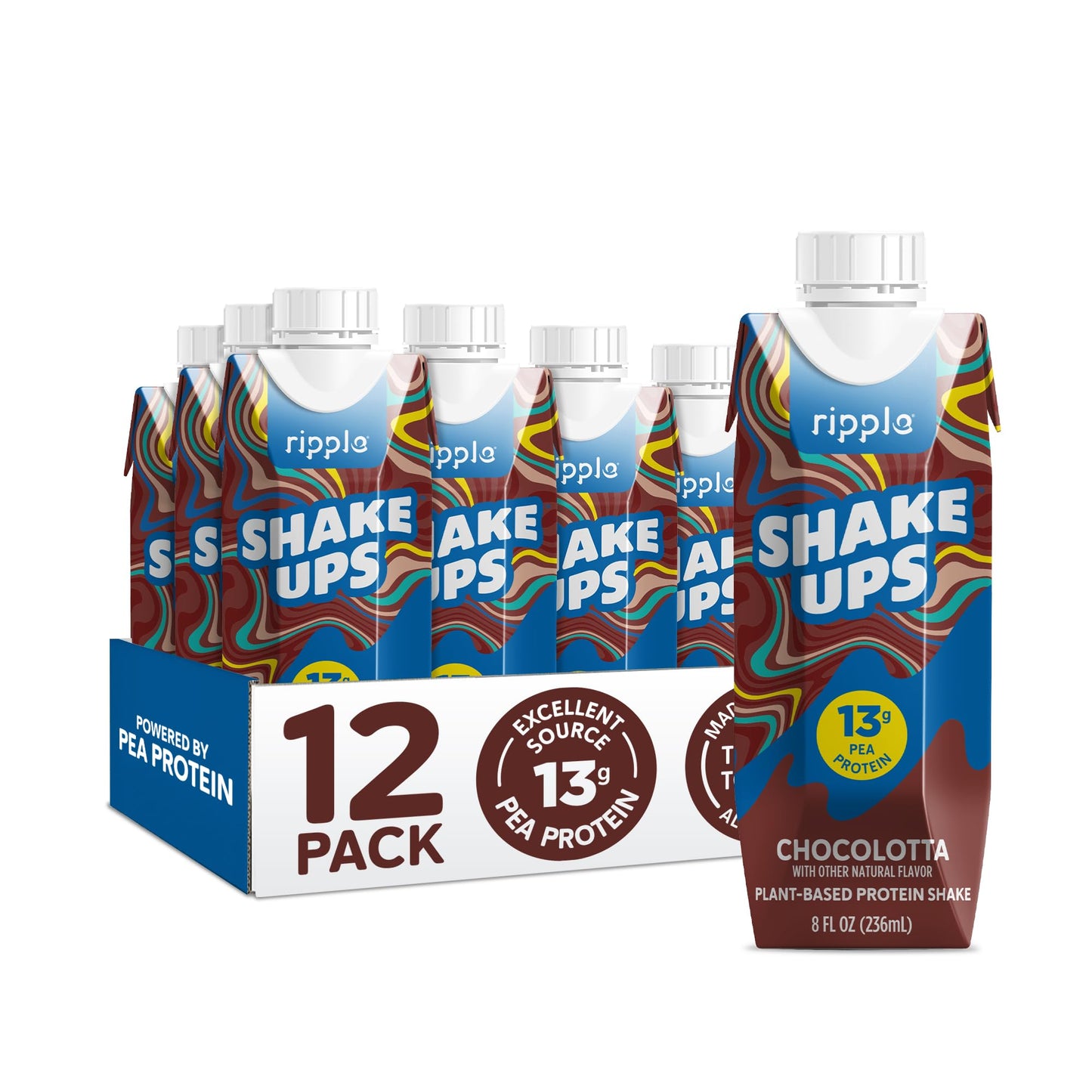 Ripple Kids Chocolate Plant Based Shake Ups | 13g of Quality Sourced Pea Protein, Calcium Rich | Shelf Stable | Vegan & Non GMO 