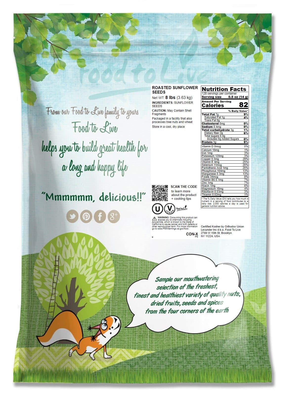 Food to Live Dry Roasted Sunflower Seed Kernels, Unsalted, Vegan, 8 Pounds