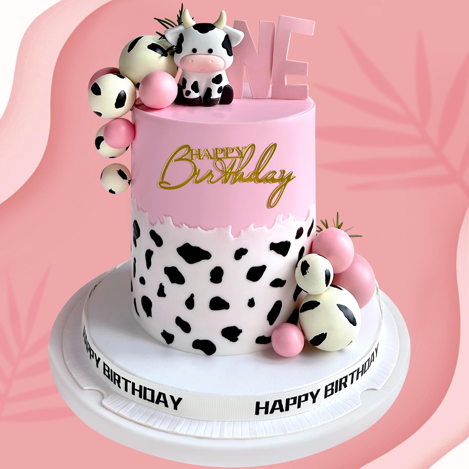14 Pcs Cow Cake Decorations Pearls Balls Cake Toppers With Gold Happy Birthday Acrylic Cake Topper For Baby Shower Wedding Birth