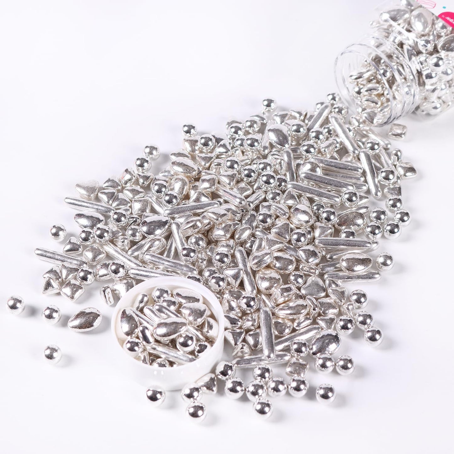 Sujoygar Metallic Sprinkles For Cake Decorating, Light Silver Pearl Sugar Rods Candy, Silver Sprinkles For Baking Cupcake Topper