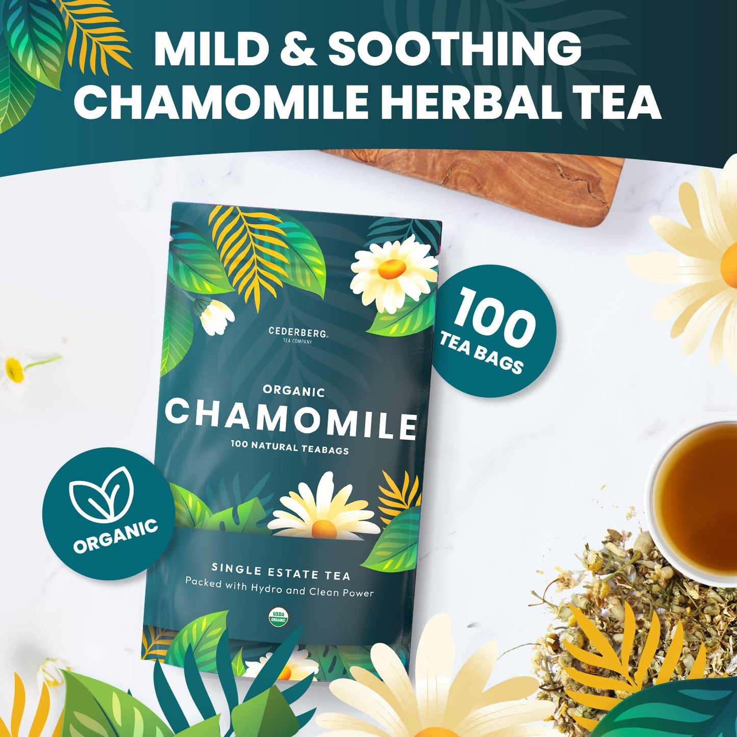 Cederberg Organic Chamomile Tea - 100 Tea Bags, Non-GMO, Caffeine-Free, Eco-Friendly Packaging, 1 Count