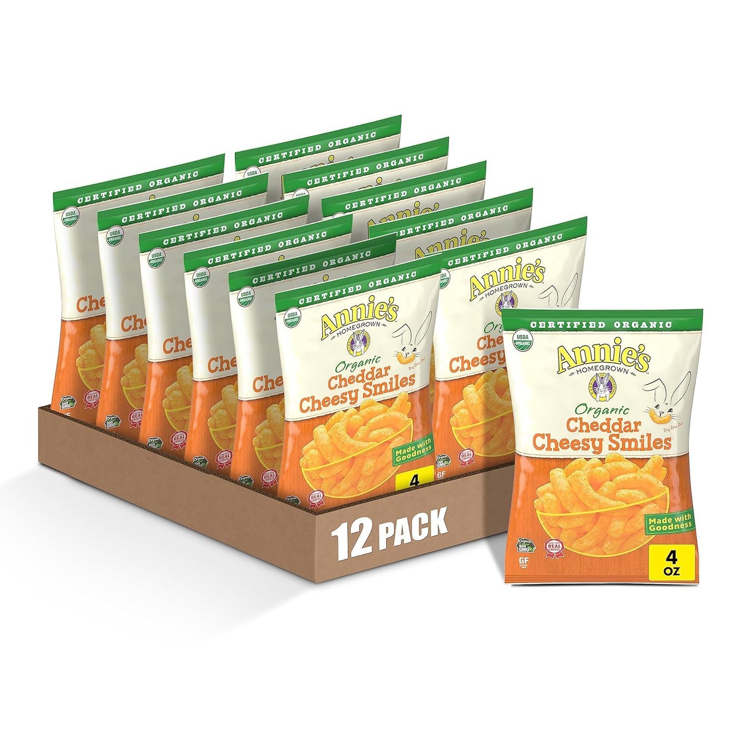 Annie S Organic Cheddar Cheesy Smiles, Baked Corn Puffs, Gluten Free, 4 Oz (Pack Of 12)