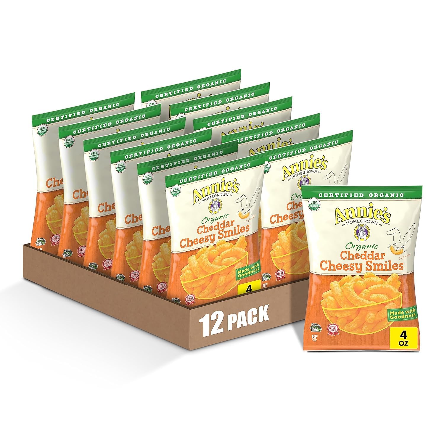 Annie S Organic Cheddar Cheesy Smiles, Baked Corn Puffs, Gluten Free, 4 Oz (Pack Of 12)