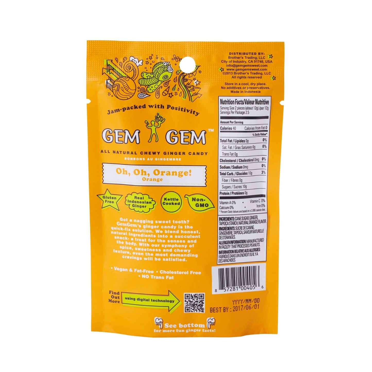 Gem Gem Ginger Candy Chewy Ginger Chews (Orange, 1.25Oz Tasting Samples)