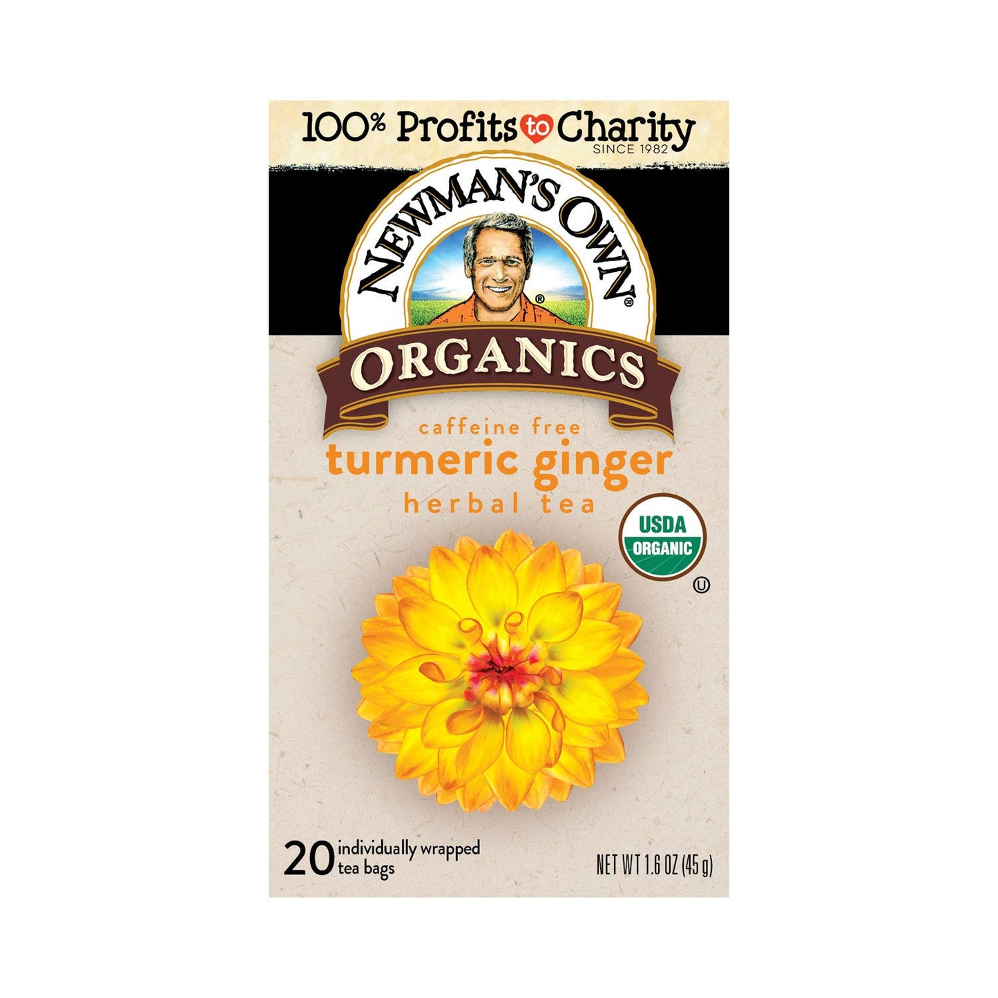 Newmans Own Organic Turmeric Ginger Herbal Tea, Caffeine-Free, 6 Pack of 20 Tea Bags, Savory & Spicy Flavors