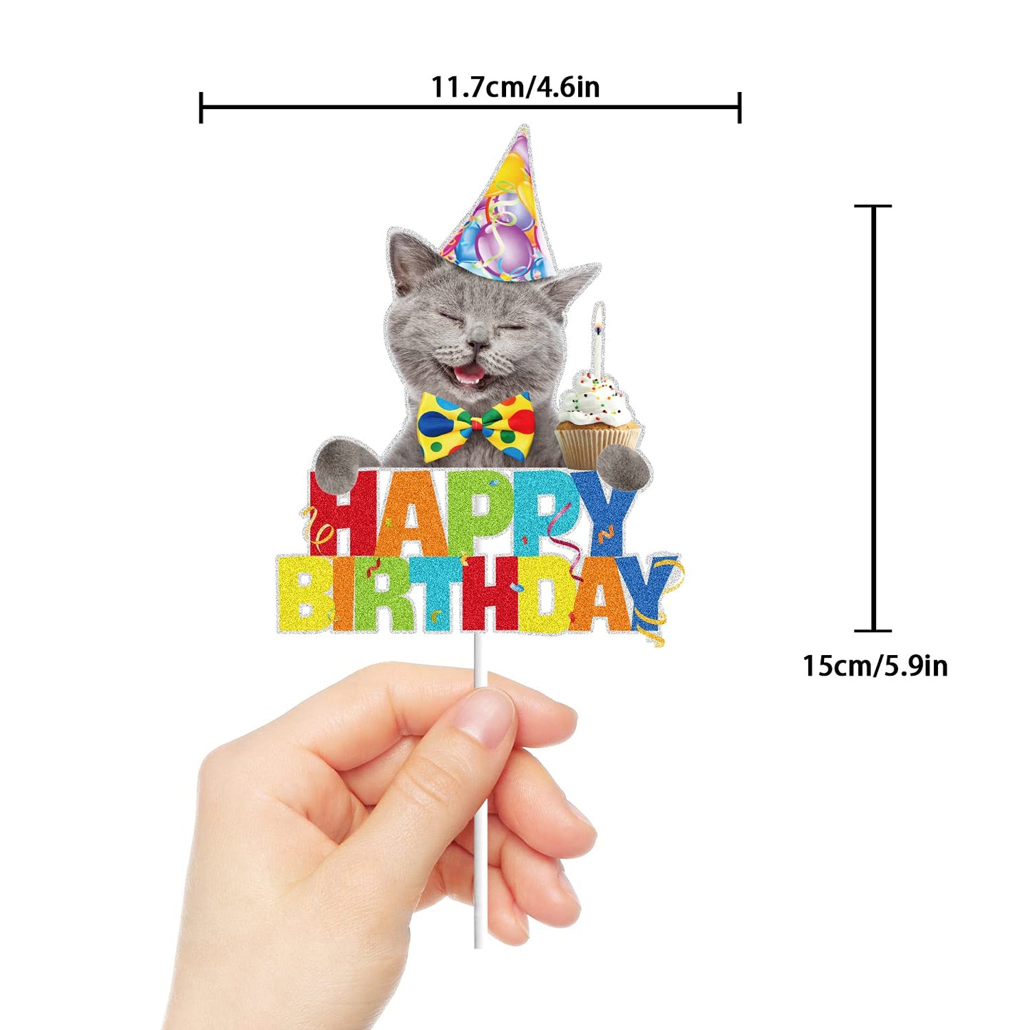 Cat Cartoon Happy Birthday Cake Topper Black Glitter For Pet Themed Bday Party Decoration Supplies